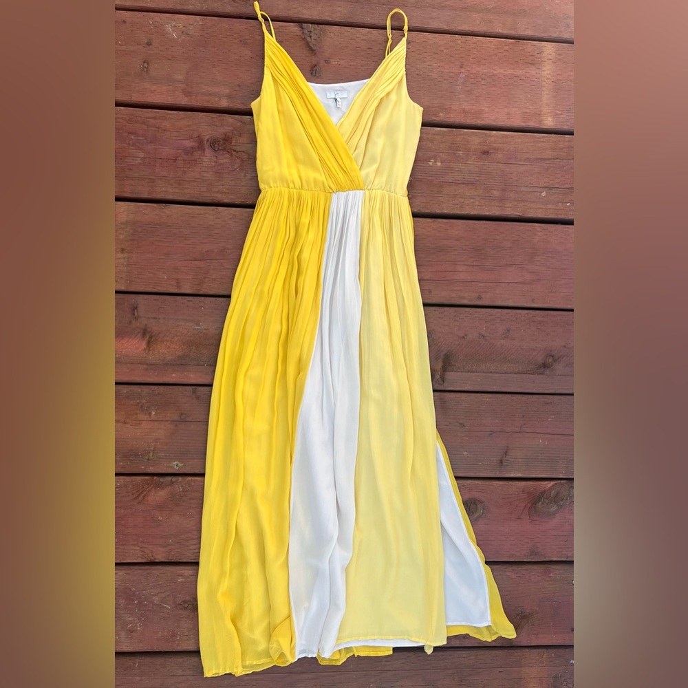 JOIE Ives Pleated Sunshine Yellow White 100% Silk Maxi Dress Sz Small Sleeveless